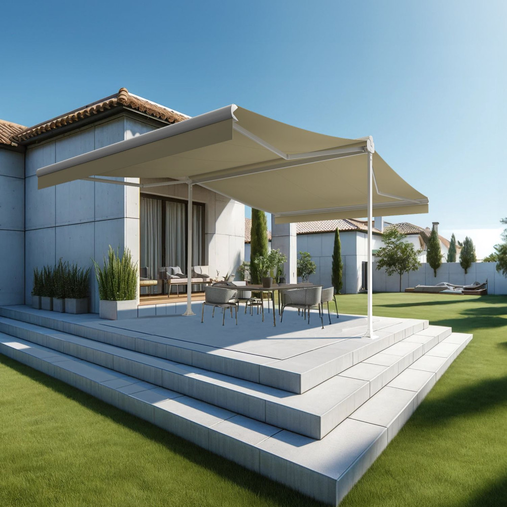 Store banne double pente enargite 4,00x2x3,00 m (manuelle - blanc satiné ral9010 - écru)