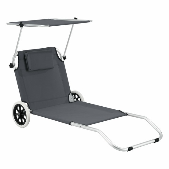 Transat bain de soleil à roulettes lazkano aluminium polyester argenté mat gris foncé