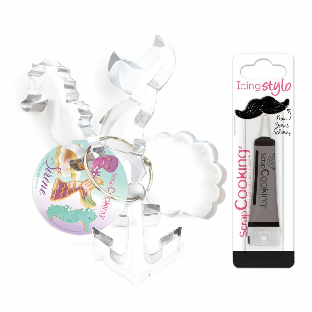 4 découpoirs à biscuits sirène + stylo de glaçage noir