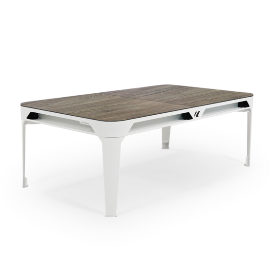 Billard d'extérieur convertible hyphen outdoor blanc / tapis gris foncé / réceptacles : gris noir / plateaux : décor bois