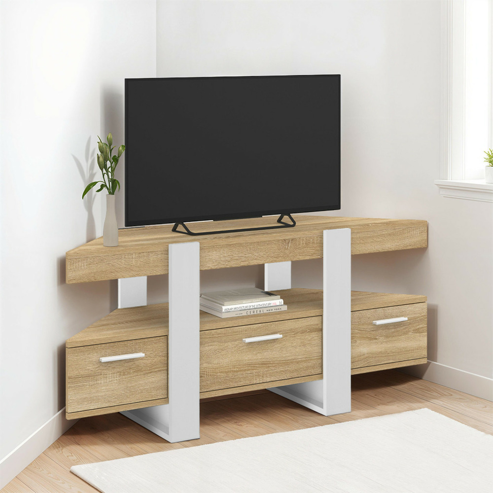 Meuble tv 110 cm d'angle phoenix avec tiroir bois et blanc