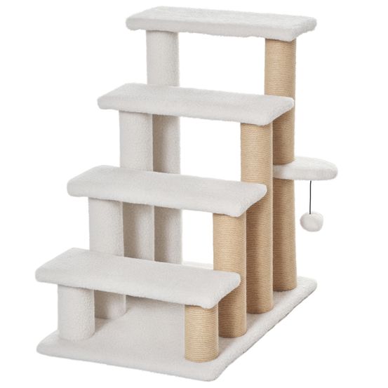 Escalier pour chat en peluche douce avec griffoirs en jute accès canapé et lit 4 niveaux blanc