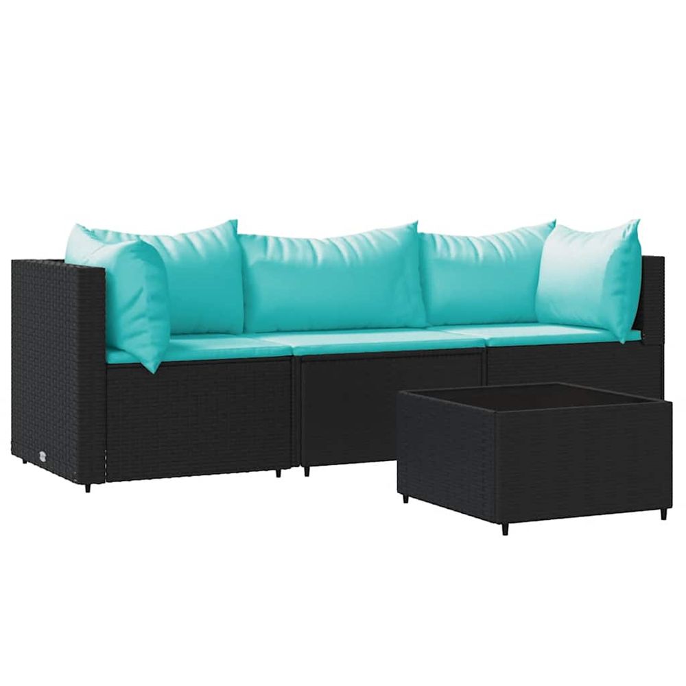 Salon de jardin 4 pcs avec coussins noir résine tressée