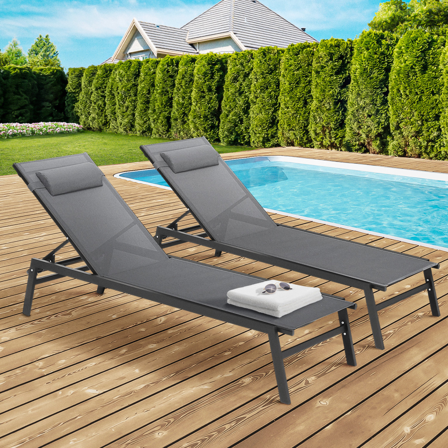 Lot de 2 transats de jardin inclinables en aluminium sintra gris anthracite et noir