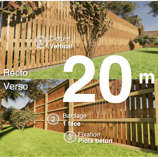 Kit clôture bois moderne 20m – h 2,3m – 20 x 70 mm autoclave marron – pose vertical – simple face – à sceller