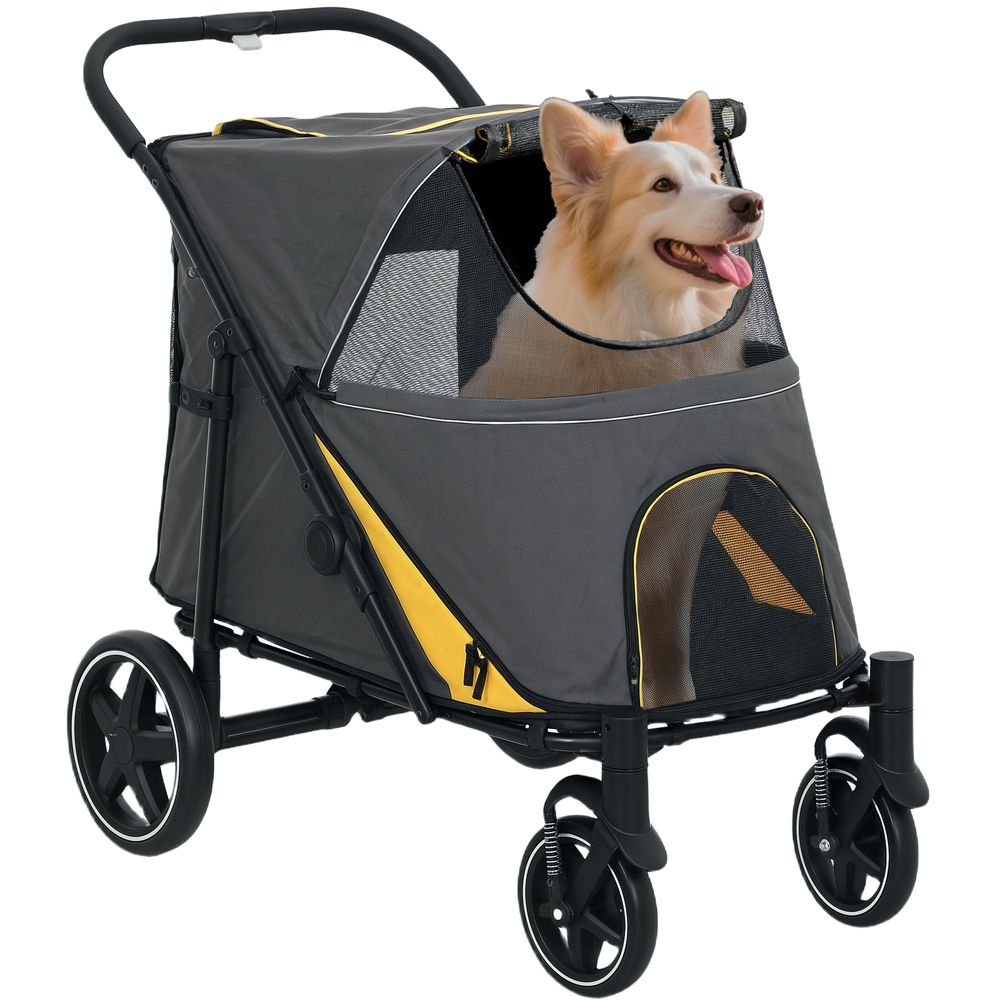 Poussette grand chien acier oxford pliable avec amortisseurs et freins gris foncé