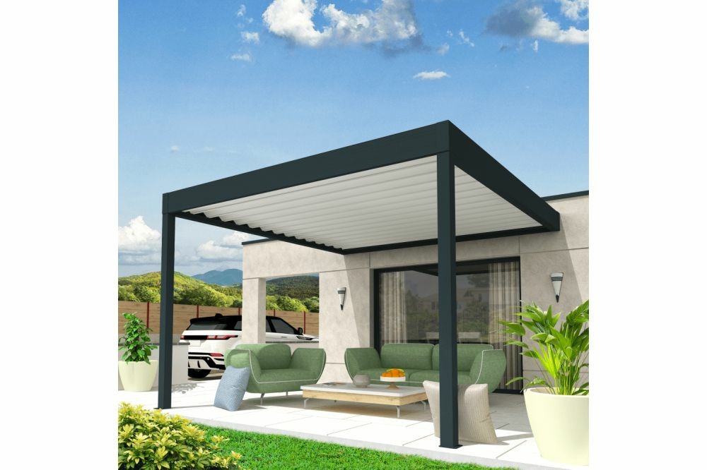 Pergola rétractable concept mixte gris anthracite / blanc 4,00x5,213m moteur + télécommande