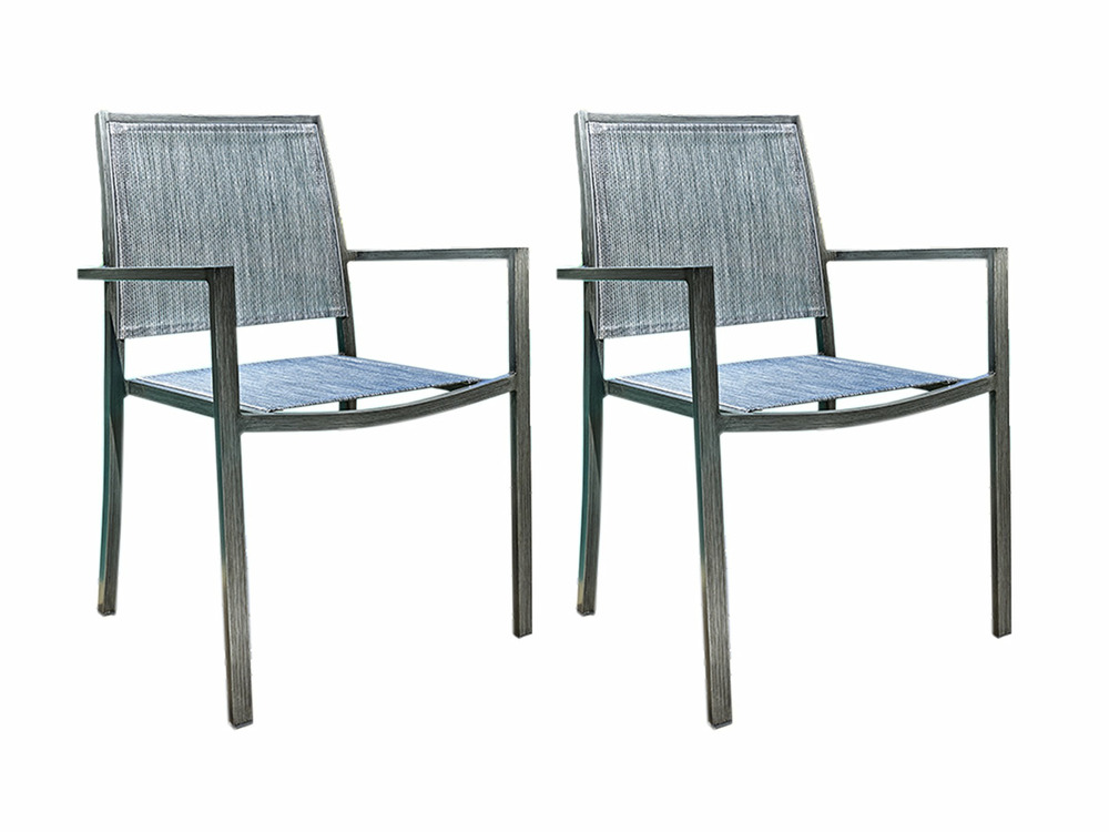 Lot de 2 fauteuils de jardin en aluminium et textilène empilable aspect teck gri