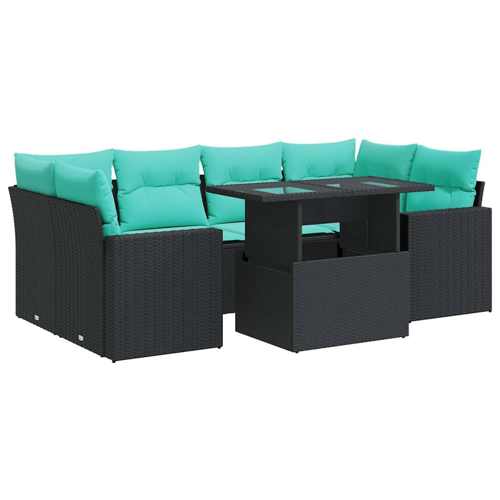 Salon de jardin avec coussins 7 pcs noir résine tressée acacia
