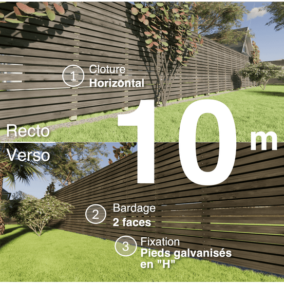 Kit clôture bois moderne 10m – h 1,9m – 20 x 70 mm noir par trempage – pose horizontal – double face – support galva