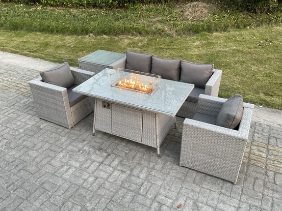 5 places ensemble de meubles de jardin en rotin ensemble table de foyer à gaz canapé ave 2 fauteuil table d'appoint gris clair