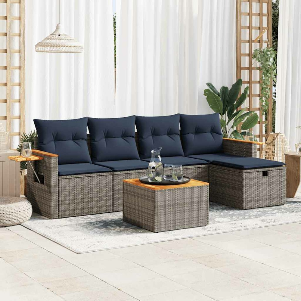 Salon de jardin 6 pcs avec coussins gris résine tressée
