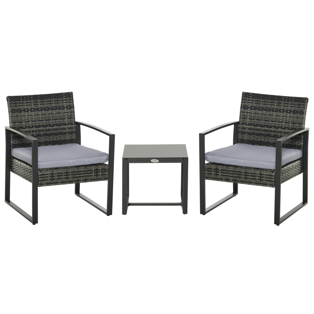 Ensemble de mobilier de jardin en polyrotin pour balcon, pour 2 personnes, avec coussins gris, résistant aux intempéries