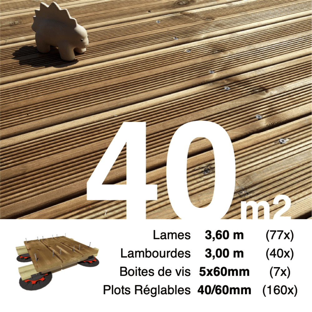 Kit complet terrasse pin autoclave marron pour 40 m², lames 3,6 m, lambourdes 3 m, plots réglables et visserie inox.