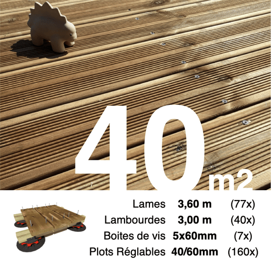 Kit complet terrasse pin autoclave marron pour 40 m², lames 3,6 m, lambourdes 3 m, plots réglables et visserie inox.