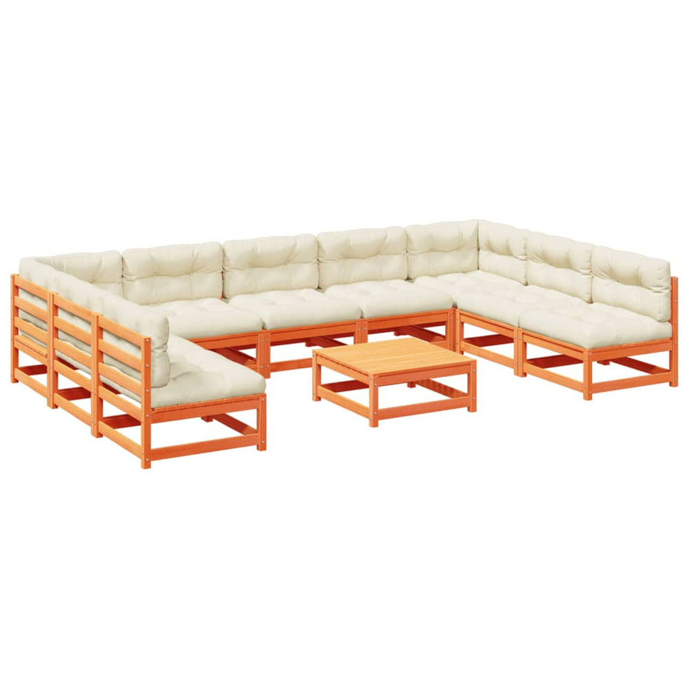 Salon de jardin 10pcs avec coussins cire marron bois pin massif