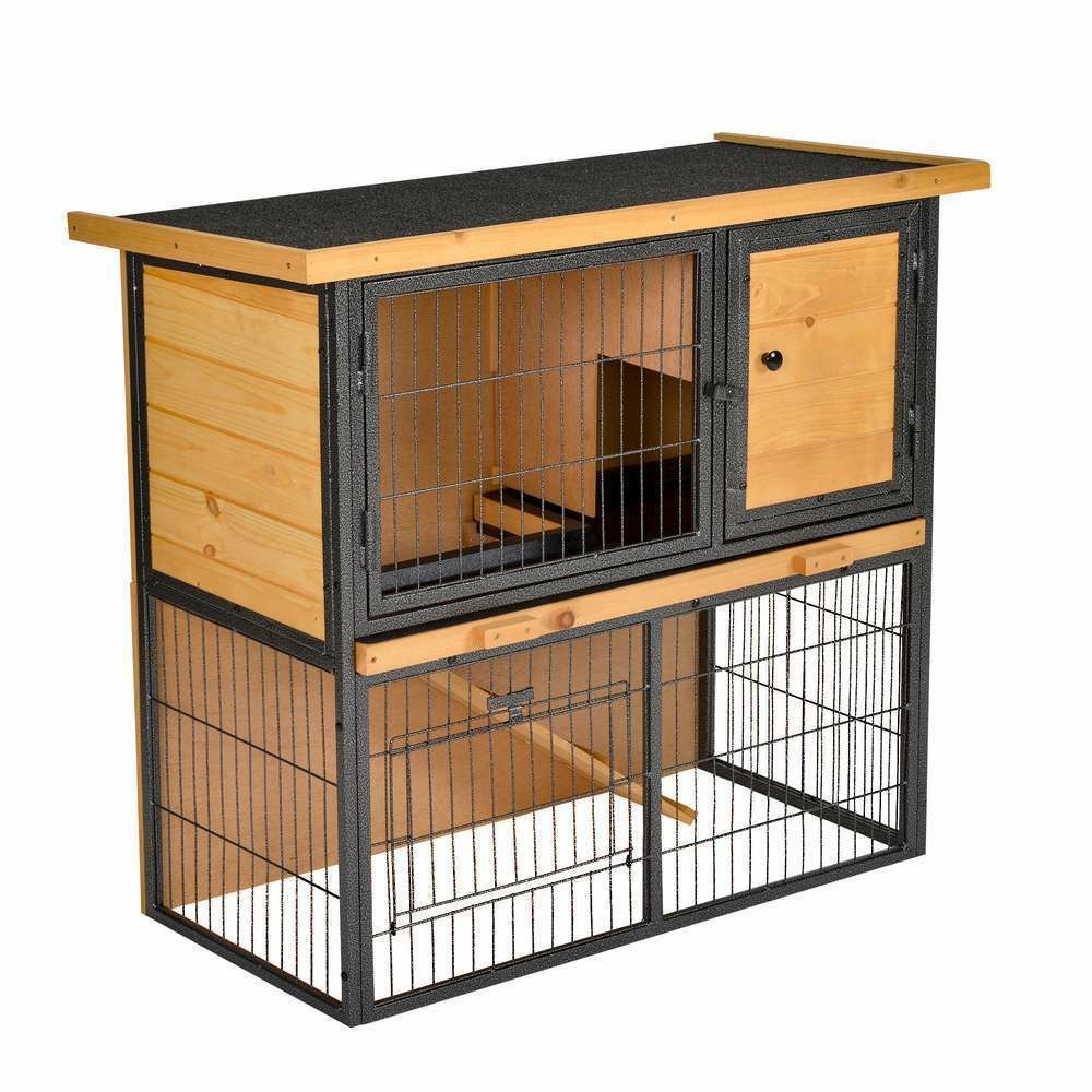 Clapier cage à lapin 2 niveaux pin pré-huilé - 89,5L x 45I x 81H cm