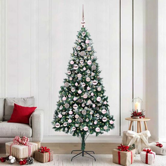 Grand sapin de noël enneigé 210 cm, kit complet avec 300 led blanc chaud et 120 boules
