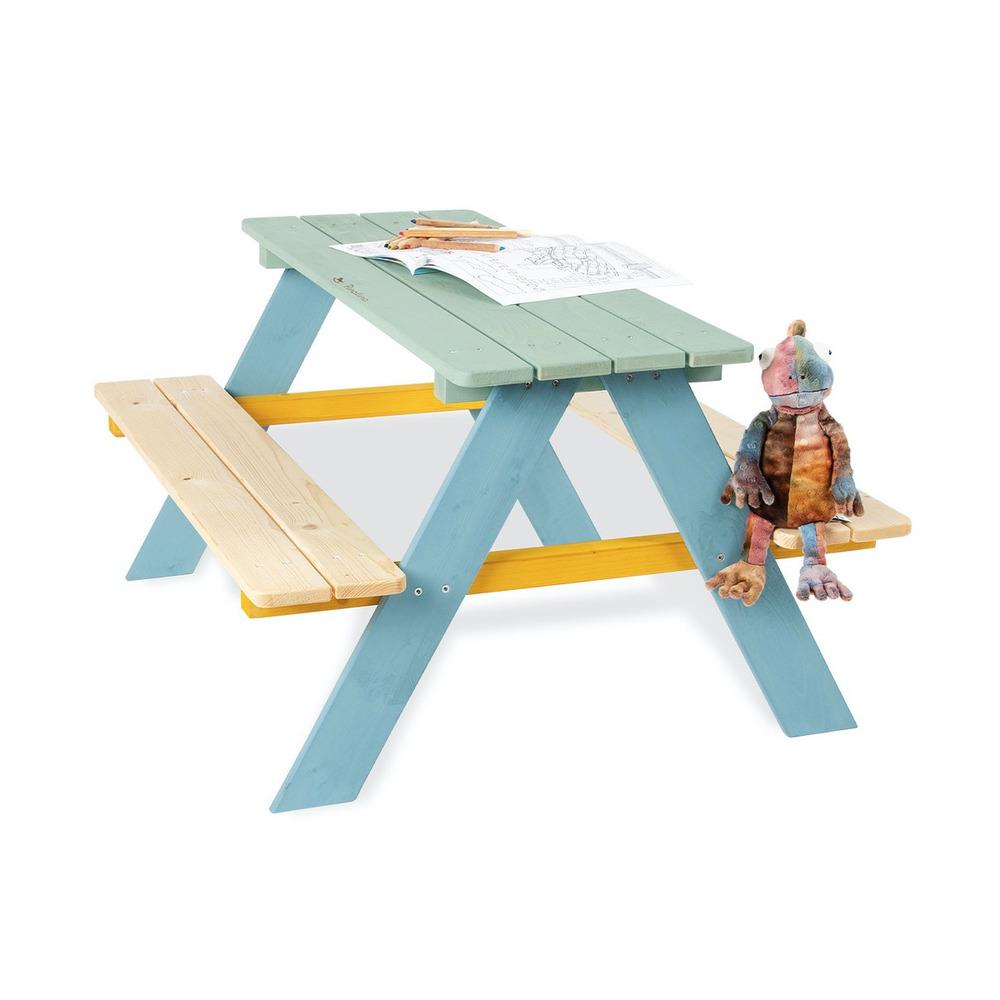 Table en bois multicolore pour enfants avec bancs - 4 places nicky