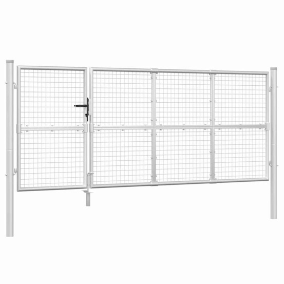 Portail de jardin grillagé argenté 350 x 125 cm en acier galvanisé
