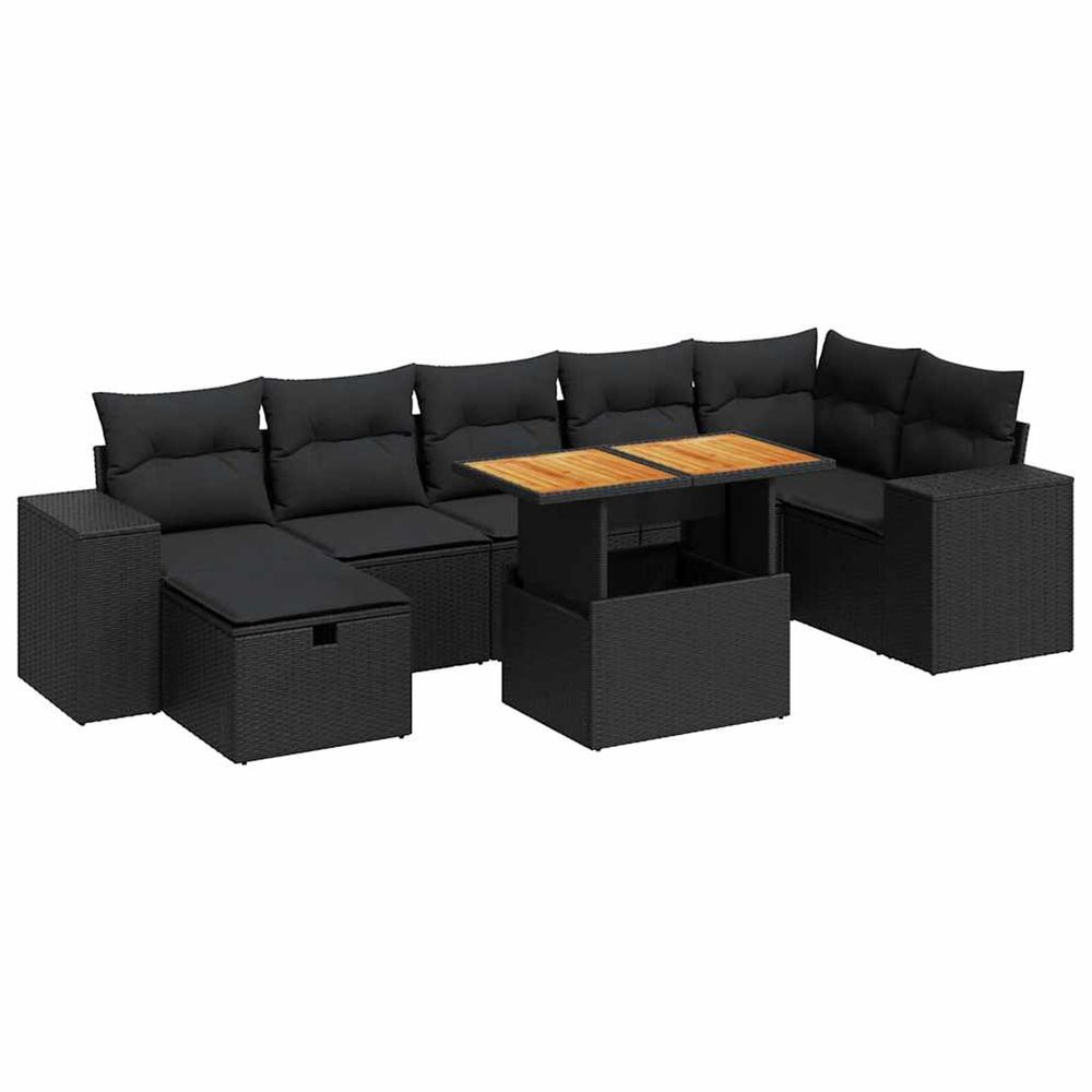 Salon de jardin 5 pcs avec coussins noir résine tressée acacia