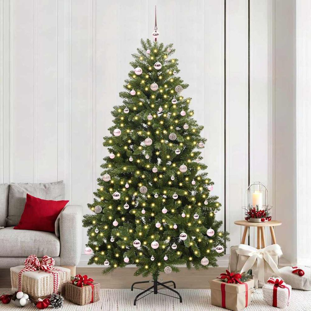 Sapin artificiel décoré 240 cm, stable avec pied métal, 8 jeux de lumière led ambiance chaude