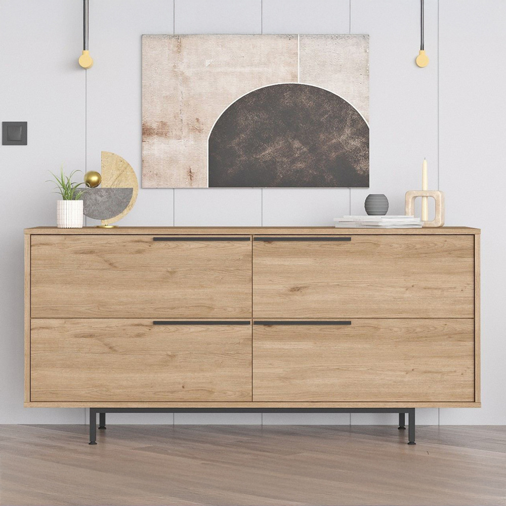 Buffet 4 portes finition bois et métal noir 160x75cm abey