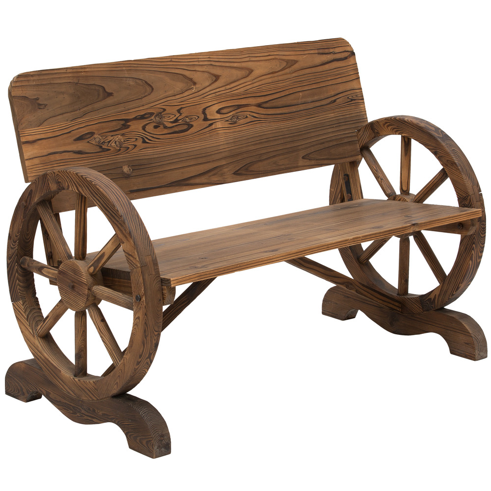 Banc de jardin 2 places, en bois massif, motif roue de chariot, style rustique, marron