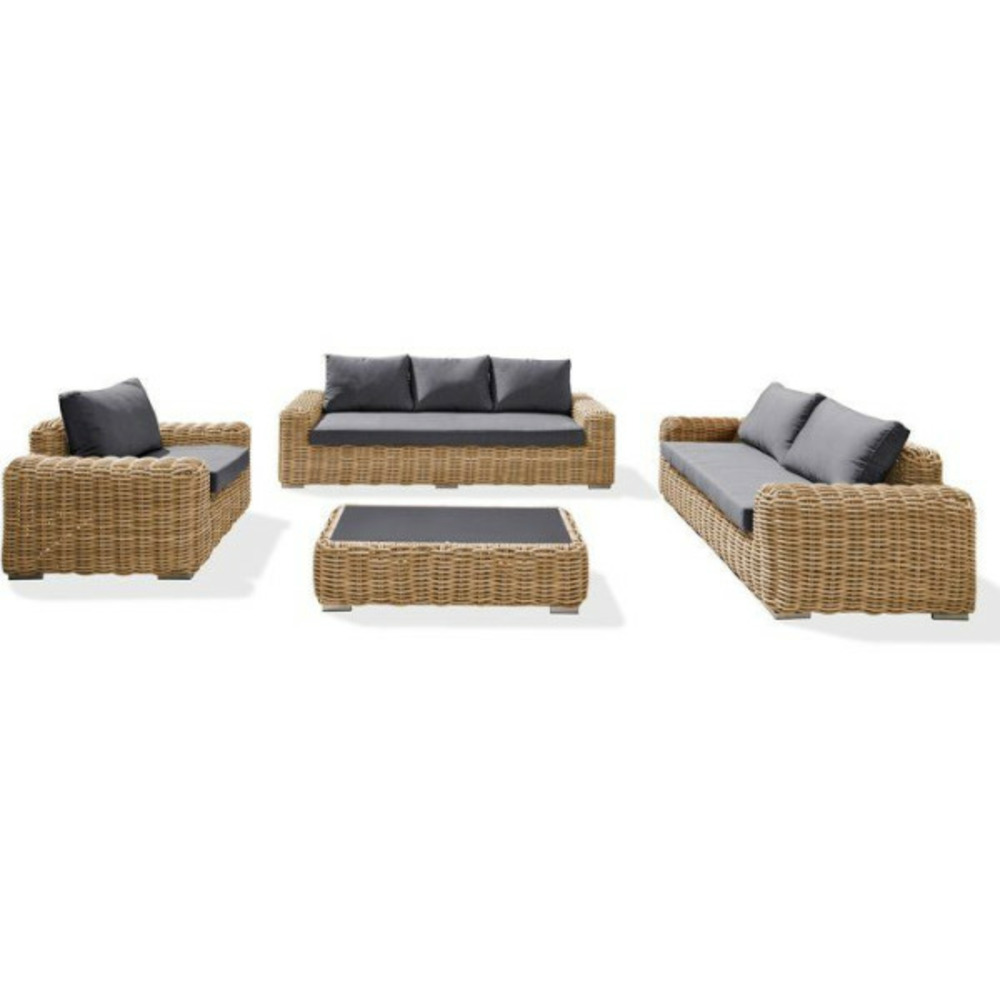 Salon bas de jardin - marron - résine tressée ronde - 6 places - papeete