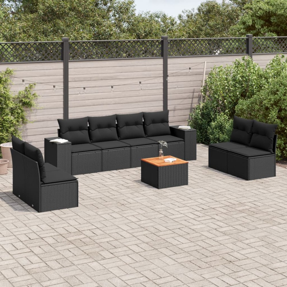 Salon de jardin 9 pcs avec coussins noir résine tressée