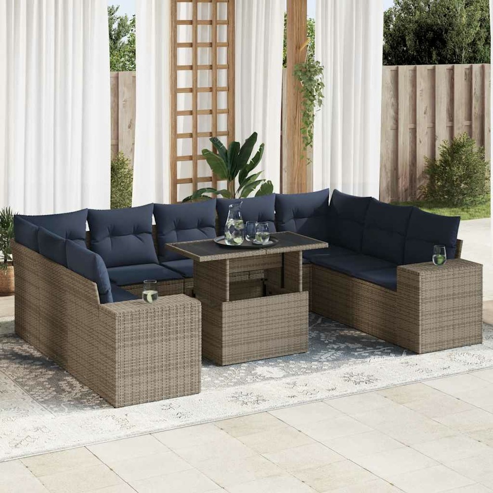 Salon de jardin avec coussins 10 pcs gris résine tressée acacia