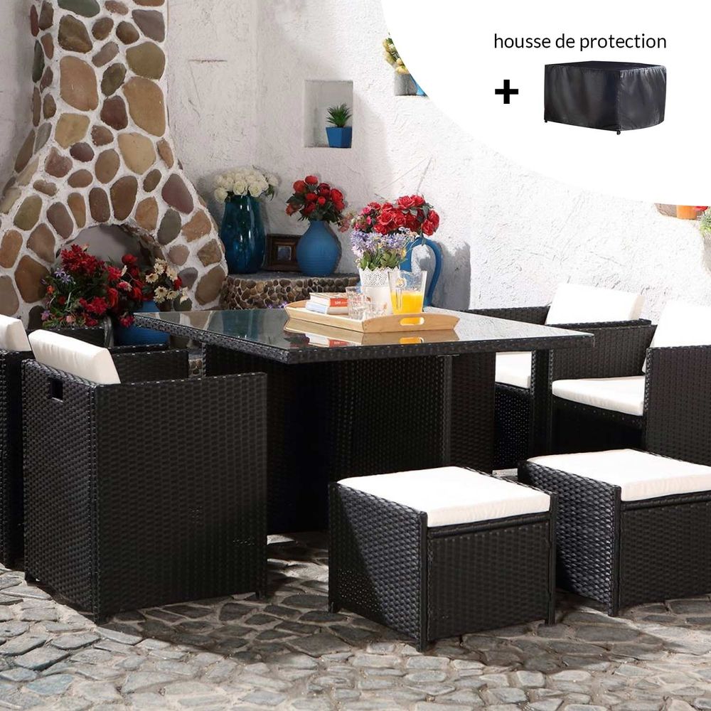 Salon de jardin 8 places noir-blanc + housse de protection miami