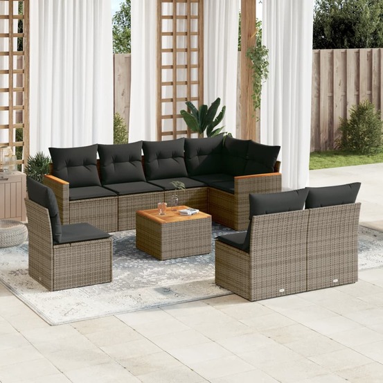 Salon de jardin 9 pcs avec coussins gris résine tressée