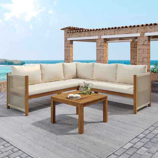 Ensemble de meubles de jardin : canapé d’angle + table basse, cadre et plateau acacia, tressage cordé, beige, idéal jardin
