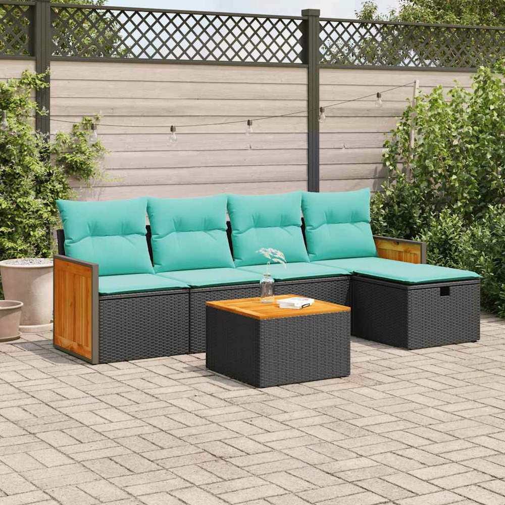 Salon de jardin 6 pcs avec coussins noir résine tressée