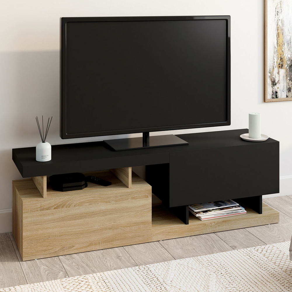 Meuble tv 140 cm angulo 2 portes effet bois et noir