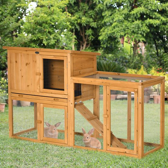 Clapier lapin bois sapin avec enclos toit ouvrant tiroir amovible 141x60cm orange