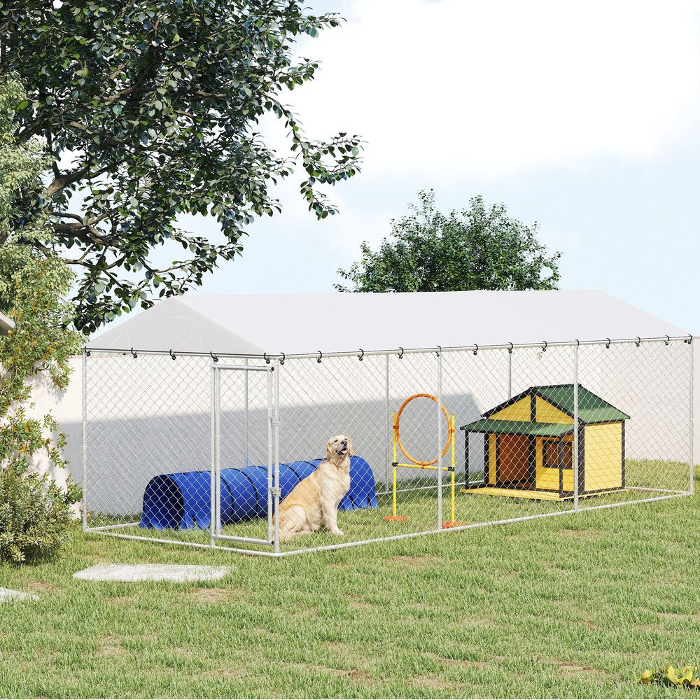 Enclos extérieur pour chien en acier galvanisé argenté 600 x 230 x 200 cm avec toit pe anti-uv et porte verrouillable
