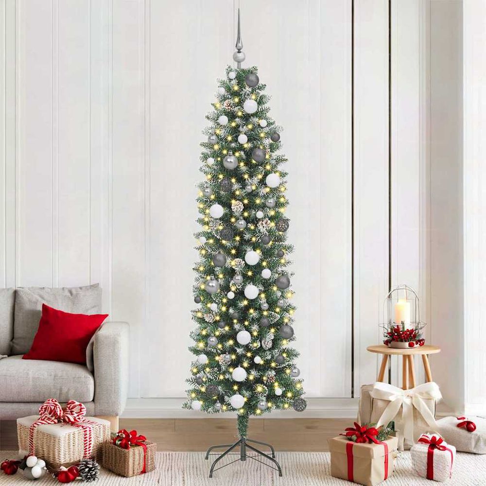 Sapin de noël fin haut de 210 cm pour petit espace, avec 300 led et 120 boules