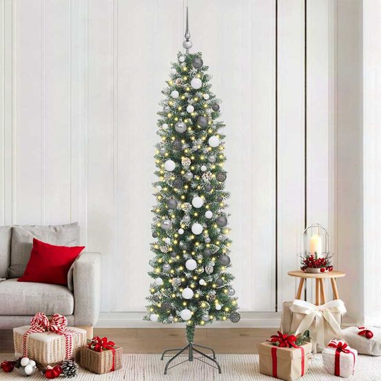 Sapin de noël fin haut de 210 cm pour petit espace, avec 300 led et 120 boules