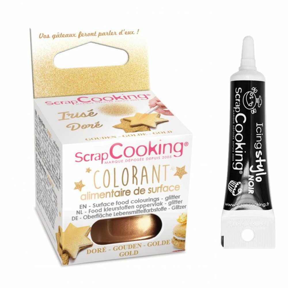 Colorant alimentaire de surface en poudre doré + stylo de glaçage noir