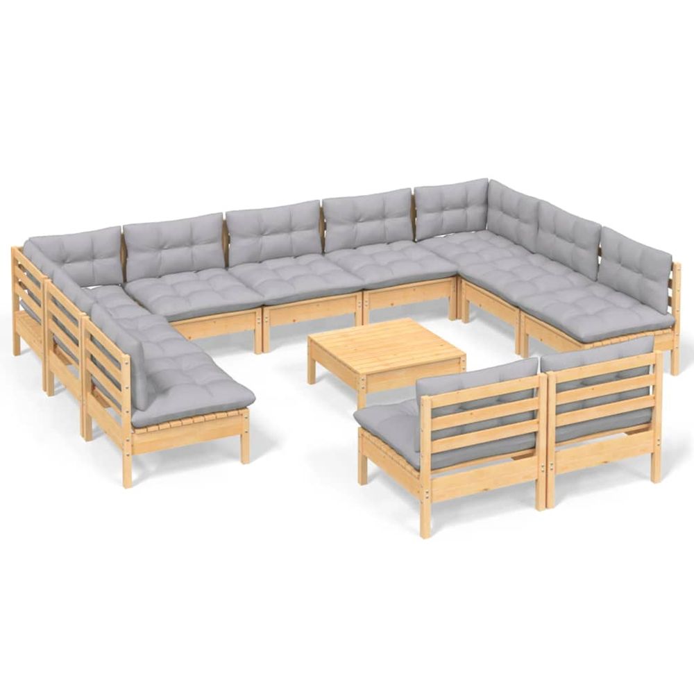 Salon de jardin 12 pcs avec coussins gris bois de pin massif