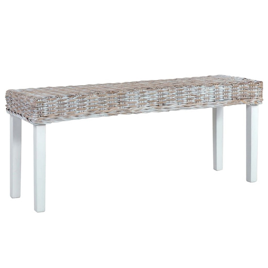 Banc 110 cm blanc rotin naturel kubu et bois d'acajou massif