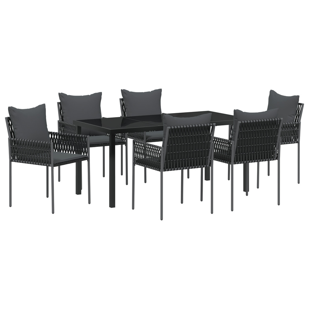 Ensemble de salle à manger de jardin 7 pièces avec coussins en poly rattan noir