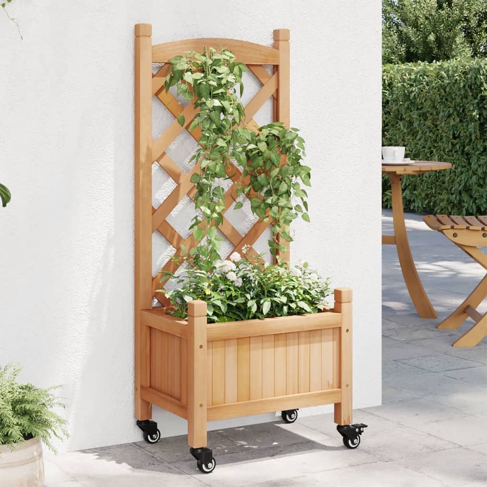 Jardinière treillis mobile sur roulettes pivotantes – bois de sapin massif teinte naturelle chaude – 40cm brun