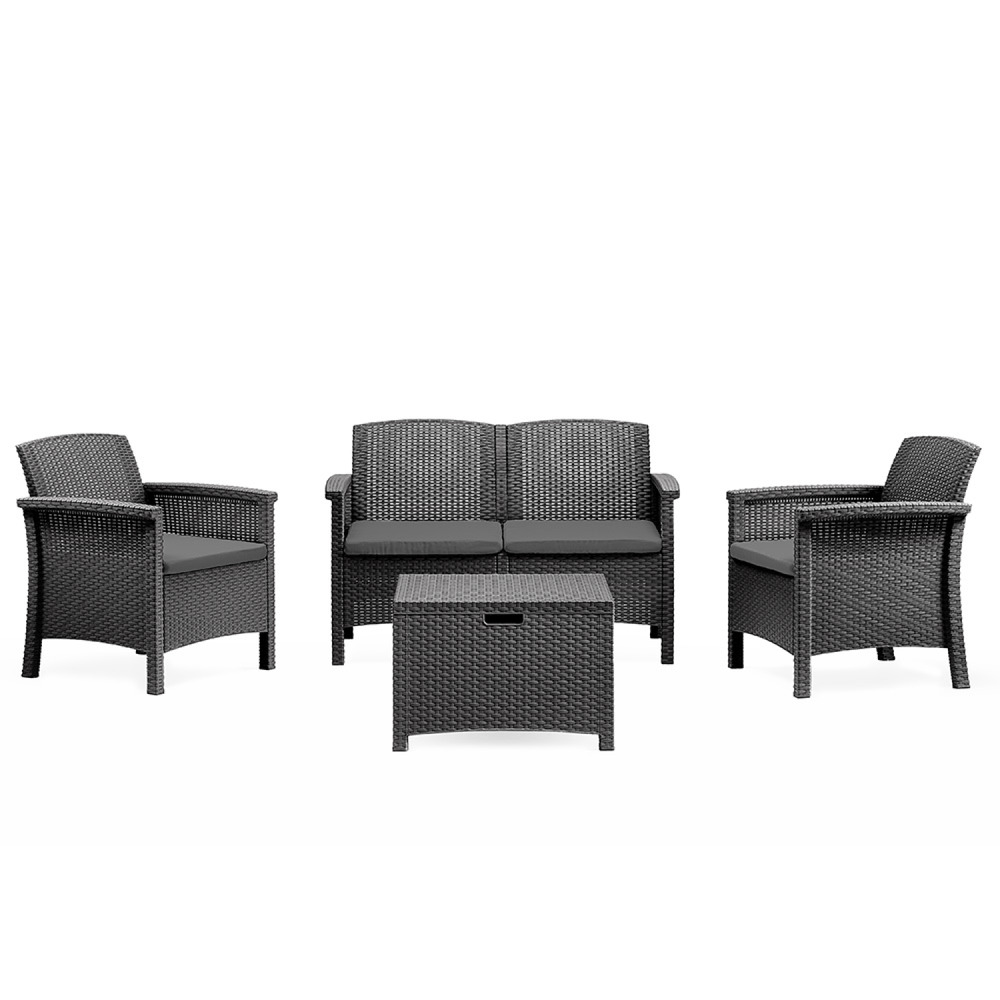 Salon de jardin 4 places effet résine tressée gris anthracite avec table basse maniza