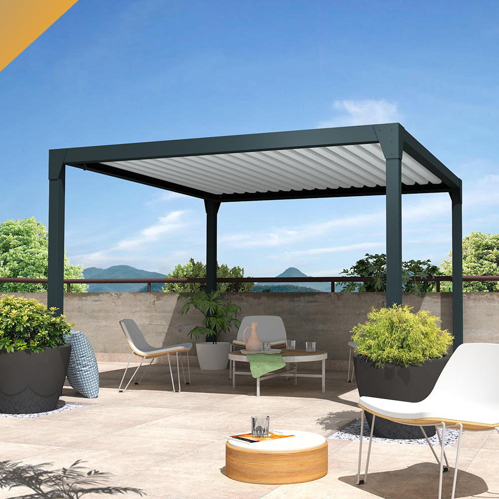 Pergola bioclimatique îlot beryl 3,50x4,00 m vérin à télécommande (mixte gris anthracite ral7016/blanc ral9010)
