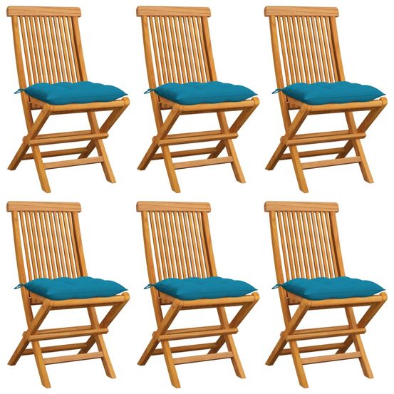 Chaises pliantes avec coussins bleu clair, 6 pièces, en teck massif