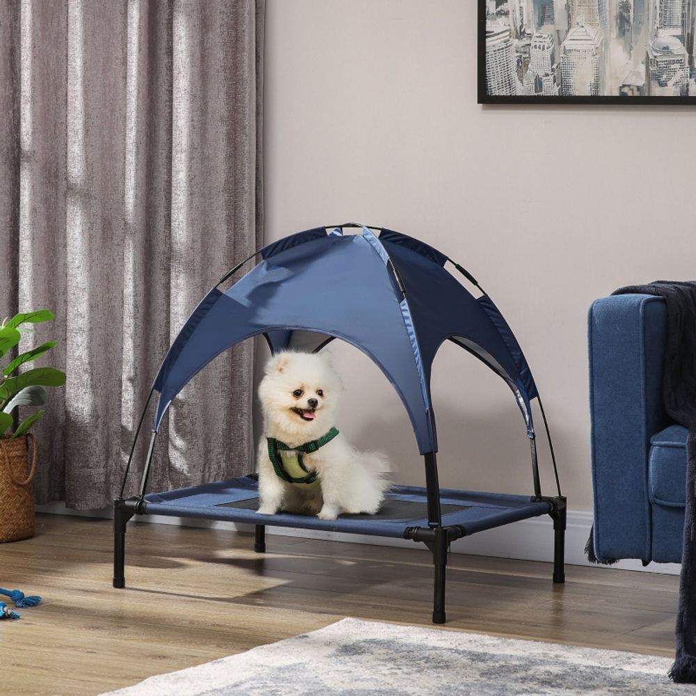 Lit surélevé chien avec auvent acier oxford pour extérieur respirant anti-uv 76x61cm bleu - comfortxl outdoor living