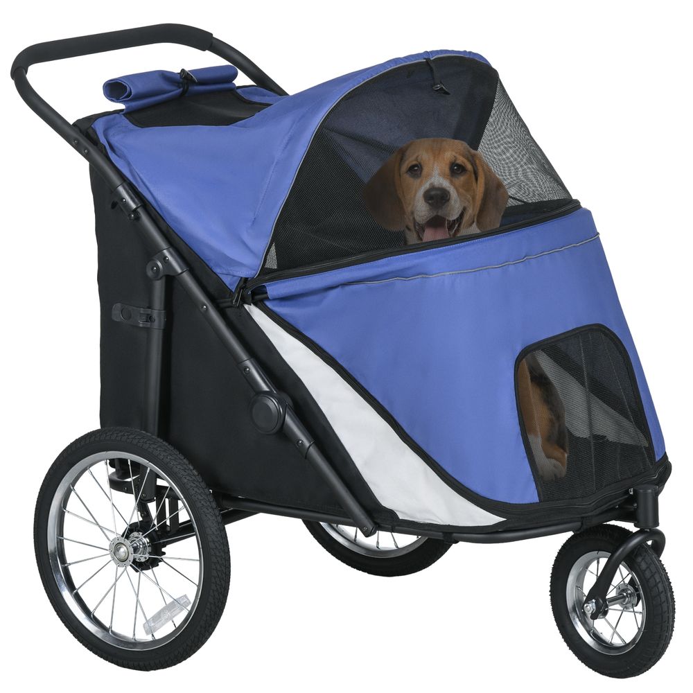 Poussette large pliable acier oxford grand chien promenade plein air bleu 111x70x98cm